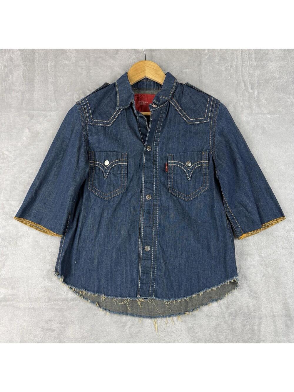 Vintage Levi's Red Tag Denim Western Shirt Raw Hem Snap Button Womens S Grunge